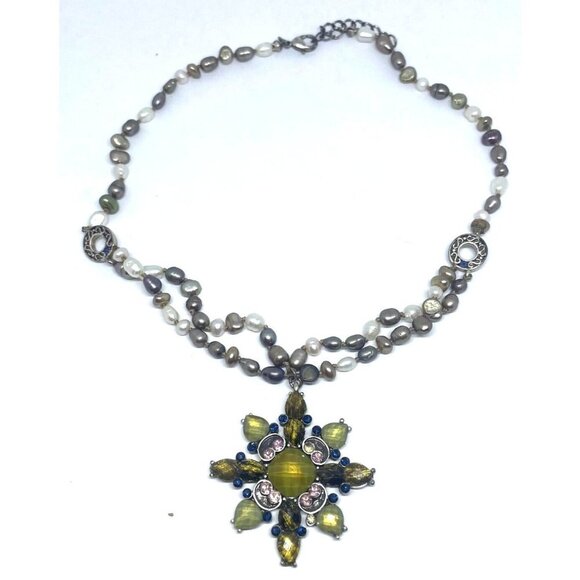 Real Pearl Flower Pendant Necklace Multicolor Lobster Closure 15.5 to 17 Inch - Picture 1 of 6